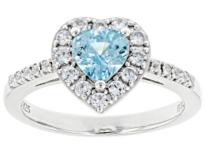Blue Zircon Rhodium Over Sterling Silver Heart Ring 1.38ctw
