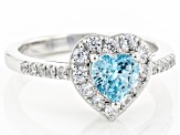 Blue Zircon Rhodium Over Sterling Silver Heart Ring 1.38ctw