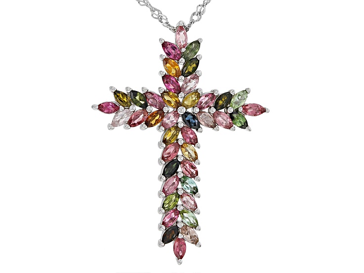 Multi-Tourmaline Rhodium Over Sterling Silver Cross Pendant