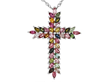 Picture of Multi-Tourmaline Rhodium Over Sterling Silver Cross Pendant With Chain 3.06ctw