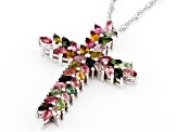 Multi-Tourmaline Rhodium Over Sterling Silver Cross Pendant With Chain 3.06ctw