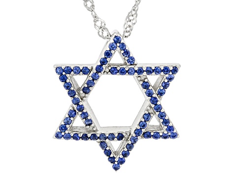 Blue Lab Created Sapphire Rhodium Over Sterling Silver Star of David Pendant With Chain. 0.36ctw
