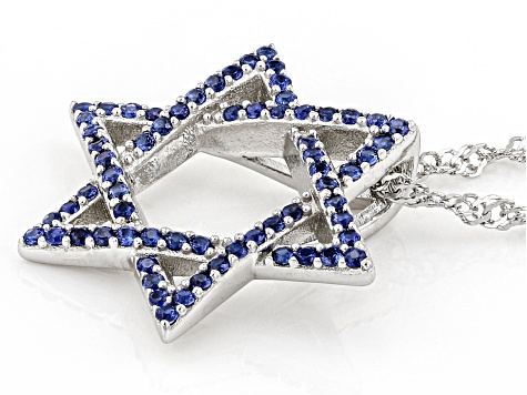 Blue Lab Created Sapphire Rhodium Over Sterling Silver Star of David Pendant With Chain. 0.36ctw