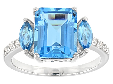 Swiss Blue Topaz Rhodium Over Sterling Silver Ring 4.16ctw
