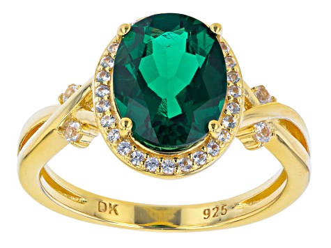 Green Lab Created Emerald With White Lab Created Sapphire 18K Yellow Gold Over Silver Ring 2.24ctw.