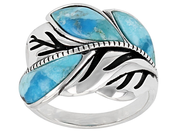 Blue Turquoise Oxidized Sterling Silver Leaf Ring - JZH254 | JTV