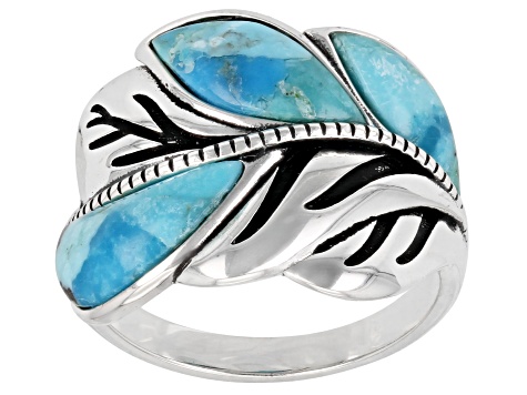 Free-form Cabochon Turquoise Oxidized Sterling Silver Leaf Ring