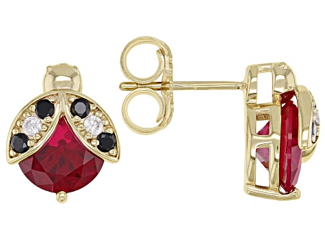 Red Lab Created Ruby 18k Yellow Gold Over Sterling Silver Ladybugs Earrings 4.65ctw