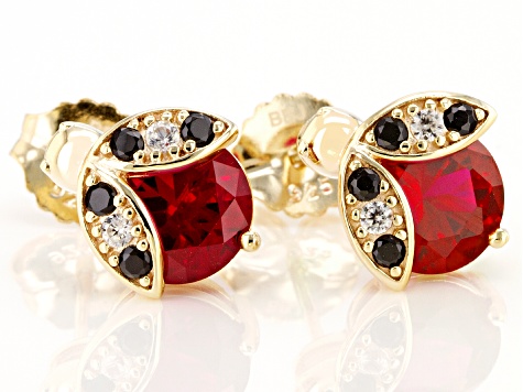 Red Lab Created Ruby 18k Yellow Gold Over Sterling Silver Ladybugs Earrings 4.65ctw