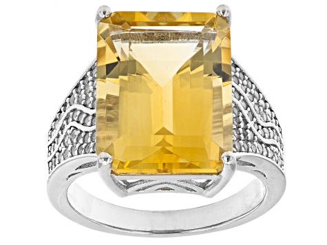Yellow Citrine Rhodium Over Sterling Silver Ring 10.51ctw