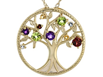 Picture of Multi-Gem 18k Yellow Gold Over Silver Tree of Life Pendant Chain 1.26ctw