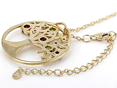 Multi-Gem 18k Yellow Gold Over Silver Tree of Life Pendant Chain 1.26ctw
