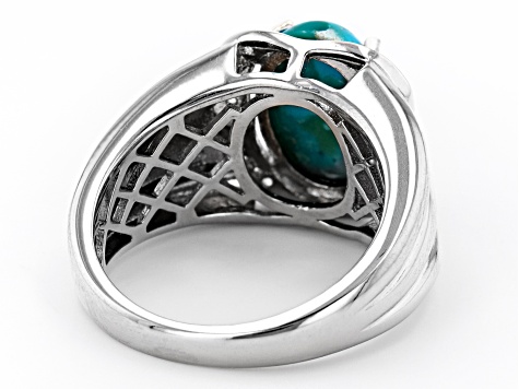 12mm x 8mm Turquoise and 0.15ctw Zircon Rhodium Over Sterling Silver Ring