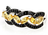 Marquise Yellow Citrine With Round Black Spinel Rhodium Over Sterling Silver Ring 0.98ctw