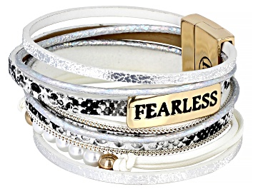 Picture of White Glass White Faux Leather Gold Tone "Fearless" Bracelet