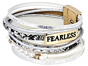 White Glass White Faux Leather Gold Tone "Fearless" Bracelet