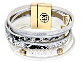 White Glass White Faux Leather Gold Tone "Fearless" Bracelet