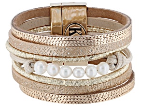 White Glass Gold Tone Brown Faux Leather Wrap Bracelet