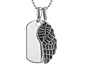 Rhodium Over Sterling Silver Dog Tag And Angel Wing Pendant With Chain