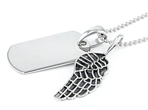 Rhodium Over Sterling Silver Dog Tag And Angel Wing Pendant With Chain