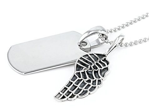 Rhodium Over Sterling Silver Dog Tag and Angel Wing Pendant with Chain