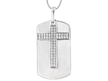 Picture of White Cubic Zirconia Platinum Over Sterling Silver Cross Dog Tag Pendant With Chain 1.00ctw