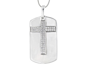 White Cubic Zirconia Platinum Over Sterling Silver Cross Dog Tag Pendant With Chain 1.00ctw