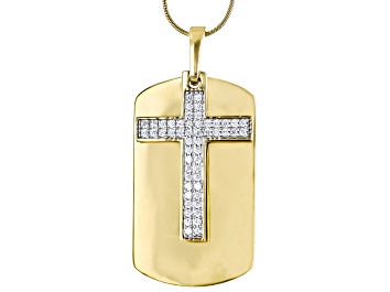 Picture of White Cubic Zirconia 18k Yellow Gold Over Sterling Silver Cross Dog Tag Pendant With Chain