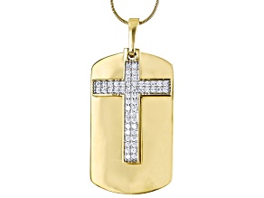 White Cubic Zirconia 18k Yellow Gold Over Sterling Silver Cross Dog Tag Pendant With Chain