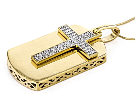 White Cubic Zirconia 18k Yellow Gold Over Sterling Silver Cross Dog Tag Pendant With Chain