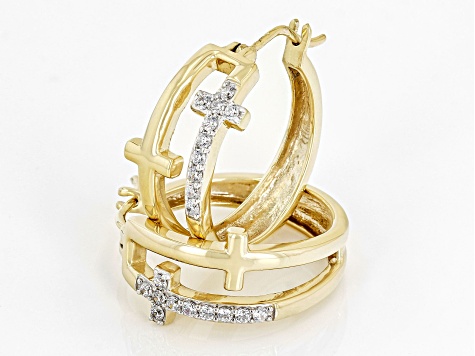 White Cubic Zirconia 18k Yellow Gold Over Sterling Silver Cross Earrings 0.40ctw