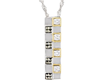 Picture of White Cubic Zirconia & Marcasite Rhodium & 18k Yellow Gold Over Silver Checkmate Pendant W/ Chain