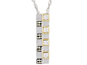 White Cubic Zirconia & Marcasite Rhodium & 18k Yellow Gold Over Silver Checkmate Pendant W/ Chain