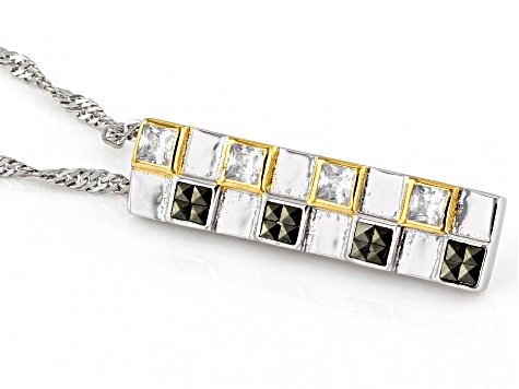 White Cubic Zirconia & Marcasite Rhodium & 18k Yellow Gold Over Silver Checkmate Pendant W/ Chain