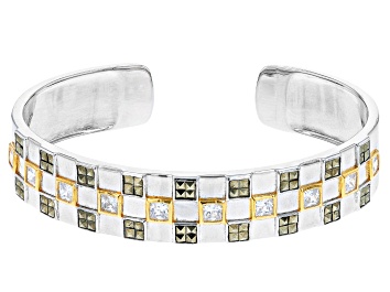 Picture of White Cubic Zirconia & Marcasite Rhodium & 18k Yellow Gold Over Sterling Silver Checkmate Bangle
