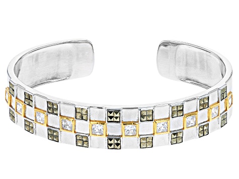 White Cubic Zirconia & Marcasite Rhodium & 18k Yellow Gold Over Sterling Silver Checkmate Bangle