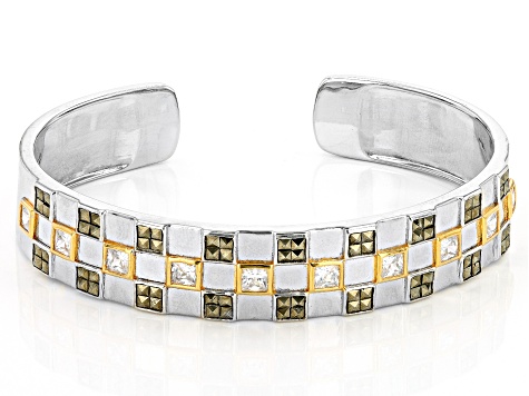 White Cubic Zirconia & Marcasite Rhodium & 18k Yellow Gold Over Sterling Silver Checkmate Bangle