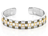 White Cubic Zirconia & Marcasite Rhodium & 18k Yellow Gold Over Sterling Silver Checkmate Bangle