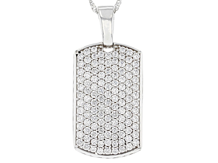 Mens White Cubic Zirconia Sterling Silver Dog Tag Pendant Necklace | One Size | Necklaces + Pendants Pendant Necklaces | Valentine's Day