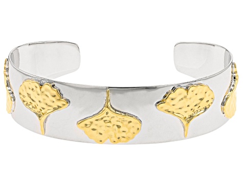 Rhodium And 18k Yellow Gold Over Sterling Silver Ginkgo Leaf Cuff Bracelet