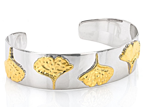 Rhodium And 18k Yellow Gold Over Sterling Silver Ginkgo Leaf Cuff Bracelet