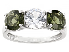 Green Moldavite Rhodium Over Sterling Silver 3-Stone Ring 2.39ctw