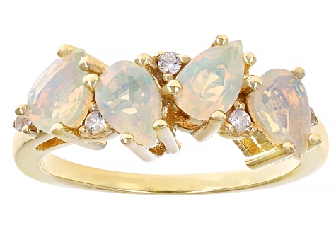 Ethiopian Opal With White Zircon 18k Yellow Gold Over Sterling Ring 0.94ctw