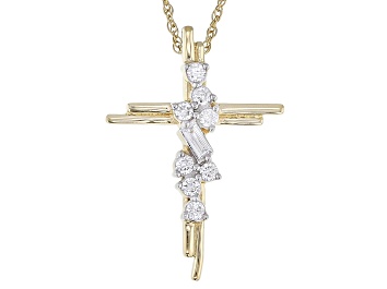 Picture of White Lab-Grown Diamond F-G SI 14k Yellow Gold Over Sterling Silver Cross Pendant With Chain 0.19ctw