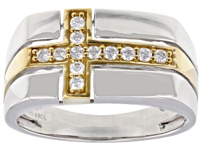 White Lab-Grown Diamond F-G SI Rhodium and 14k Yellow Gold Over Silver Mens Cross Ring 0.20ctw