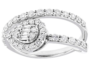 Round and Baguette White Lab-Grown Diamond F-G SI Rhodium Over Silver Open Design Ring 0.75ctw