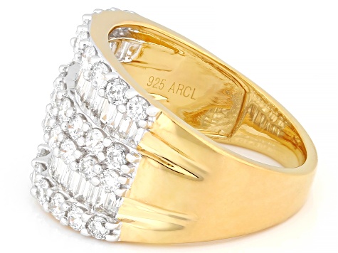 Round and Baguette White Lab-Grown Diamond F-G SI 14k Yellow Gold Over Silver Band Ring 1.90ctw