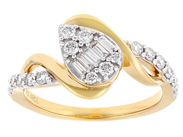 Round and Baguette White Lab-Grown Diamond F-G SI 14k Yellow Gold Over Silver Crossover Ring 0.45ctw