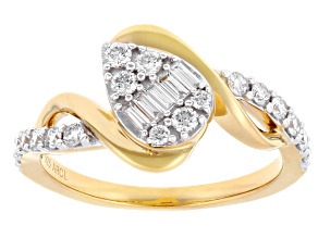 Round and Baguette White Lab-Grown Diamond F-G SI 14k Yellow Gold Over Silver Crossover Ring 0.45ctw