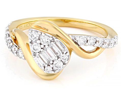 Round and Baguette White Lab-Grown Diamond F-G SI 14k Yellow Gold Over Silver Crossover Ring 0.45ctw